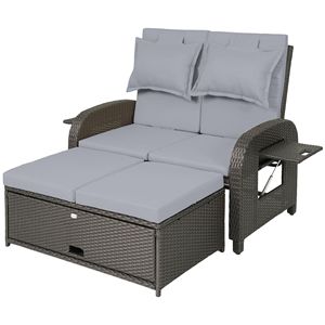 Divano Letto in Rattan Grigio per Esterni con Pouf Contenitore, Mobili da Giardino in Vimini con Schienale Regolabile e Tavolini Laterali - Product Image 1