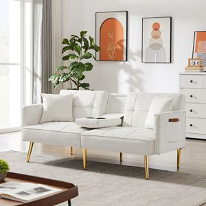 Divano Letto Futon in Velluto Bianco Crema con Gambe in Metallo Dorato, Elegante e Raffinato - Product Image 2