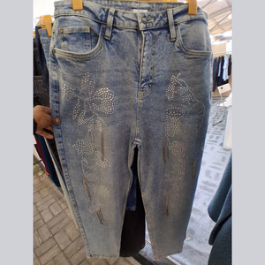 High waist straight leg jeans with <b>sequined</b> dot pattern stonewashed denim casual womens full length vintage style autumn wear - Product Image 1
