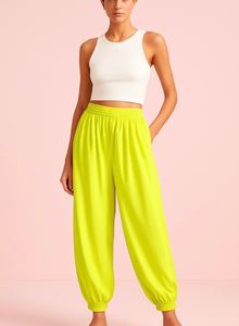 กางเกงฮาเร็มผ้าฝ้ายสีเขียวมะนาวสำหรับผู้หญิง เอวสูง ยางยืด สวมใส่สบาย ระบายอากาศได้ดี ขอบขากางเกงย้อมสีเรียบๆ ทรงหลวมใส่สบายสำหรับฤดูร้อน - Product Image 4