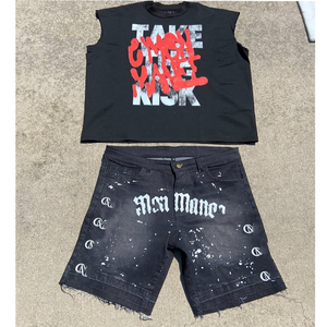 Ensemble débardeur sans manches en jean délavé imprimé sur mesure pour homme, style streetwear vintage, bords bruts, et short en jean décontracté pour l'été 2026 - Product Image 2