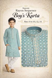 <b>Boys</b> Rayon Sequence <b>Kurta</b> Pajama Set Teal Green Ethnic Festive Wedding Wear Kids Indian Clothing 0-14 Years Wholesale - Product Image 2