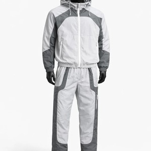 Ensemble coupe-vent gris et blanc à blocs de couleur, résistant à l'eau, à capuche, avec fermeture éclair, pour l'extérieur, toutes saisons, coupe classique - Product Image 1
