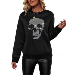 Rhinestones Black Winter 100% Cotton Casual Lined Streetwear Sweatshirt for Women with Drop-shoulder Bow and Front Logo - Product Image 1