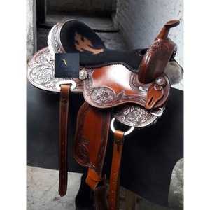 Brown Leather Western Barrel Racing Horse Saddle Floral <b>Hand</b> Tooled Stitched Cross Inlay Black Suede Seat - Product Image 1