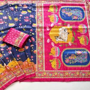 Sari en soie douce VASTRA COTTAGE, jacquard Jari, imprimé numérique Kalamkari, avec blouse à passepoil Doori - Product Image 2