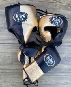 Gants de boxe personnalisables noirs et dorés à lacets avec protège-joues, protège-tête et protège-gland, respirants et légers pour adultes - Product Image 2