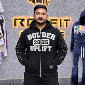 Custom Unisex Zip Fleece Hoodie Regular Fit Streetwear Sweatshirt <b>Applique</b> <b>Letter</b> Design Rhinestone Sleeve Custom Label OEM ODM - Product Image 1