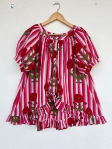 <b>Women</b> Red Floral Striped Cotton Pajama Set <b>Short</b> Sleeve Button Down Ruffle Top and <b>Shorts</b> 2 Piece Summer Sleepwear <b>Lounge</b> Set - Product Image 2