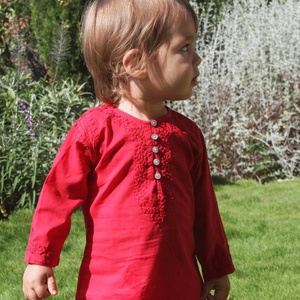 Indian Style Red Long Summer <b>Kaftan</b> Crafted By 100% Soft Cotton Featuring With Beautiful Embroidery Long Sleeves & Front Buttons - Product Image 3