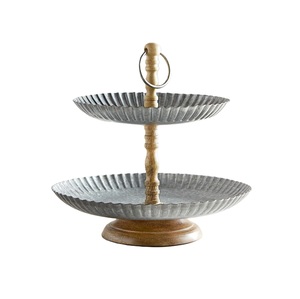 Two Tier Galvanized Metal Cake <b>Stand</b> With Wooden Handle Handmade Serving Tray For Desserts And <b>Cupcakes</b> Party Serving <b>Stand</b> - Product Image 1