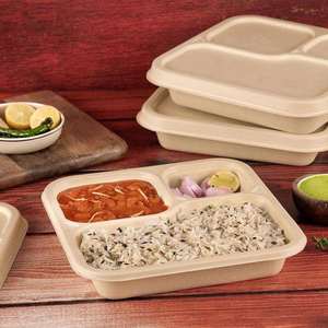 Contenant alimentaire moderne en pulpe moulée avec couvercle, barquette jetable biodégradable de qualité supérieure pour repas de restaurant et plats à emporter - Product Image 3