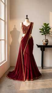 Sari indien élégant en soie crêpe violette, longueur ras du sol, séchage rapide, prêt-à-porter, avec chemisier, broderie dorée et travail de sequins - Product Image 5