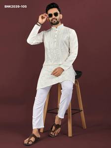 Kurta de Manga Larga y Cuello Nehru con Bordado de Lentejuelas en Seda Viscosa de Alta Calidad y Pijama de Algodón, Suministro al por Mayor - Product Image 4