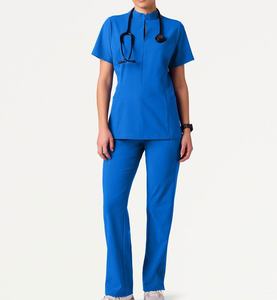 Conjunto de Uniforme Médico Azul para Mujer, Pantalones de Algodón y Poliéster, Blusa de Manga Corta con Cuello para Estetoscopio - Product Image 1
