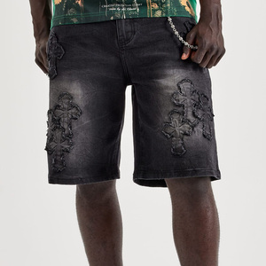 Shorts de Mezclilla Desgastados para Hombre con Apliques Cruzados, Cintura Media, Estilo Hip Hop, Ropa de Verano - Product Image 2