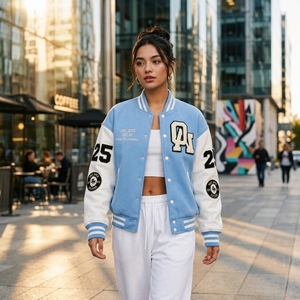 Custom Sky Blue <b>Varsity</b> <b>Jacket</b> <b>Men</b> Wool Blend Letterman <b>Jacket</b> Chenille Patch College <b>Bomber</b> <b>Jacket</b> OEM Streetwear - Product Image 5
