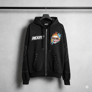 Sudadera con capucha de algodón extragrande para hombre, estilo urbano, con cremallera, estampado gráfico y logotipo de pedrería, ideal para primavera. - Product Image 2