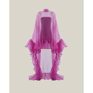 Vestido de Noche Elegante de Gasa Morada Premium con Cuello Alto, Mangas Tipo Capa, Volantes, Largo hasta el Suelo y Capa Transparente de Color Sólido - Product Image 6