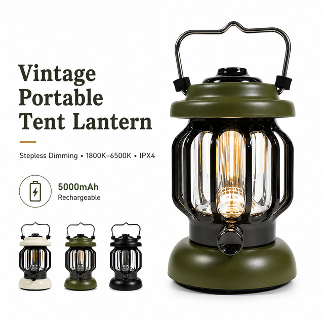 Vintage USB Rechargeable LED Camping Lantern Waterproof Portable Retro Tent Light Dimmable Brightness Warm Ambient Lamp