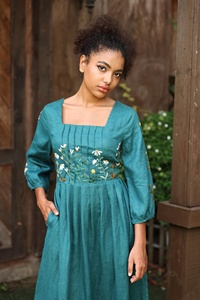 Teal Blue Hand-Embroidered Square Neckline and <b>Three</b>-Quarter Sleeves Cotton Linen Maxi Dress for Women - Product Image 5