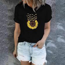 Print Breathable Knitted Casual Style for Summer Ladies Slim Fit Retro Short-Sleeved Cotton T-Shirt <strong>Top</strong> <strong>Sunflower</strong> - Product Image 4