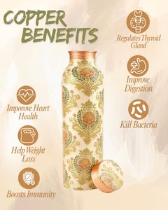Bouteille en cuivre artisanale de 900 ml avec motifs floraux élégants, couvercle anti-fuite pour l'eau potable, le bien-être, le yoga, le bureau - Product Image 4