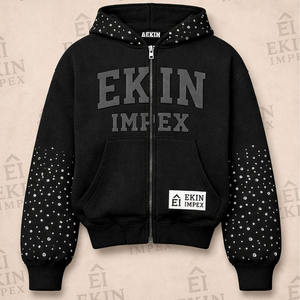 Sudadera con capucha y cremallera de forro polar de 450 g/m² personalizada, estilo Y2K vintage streetwear, 100% algodón, con pedrería, bordado 3D, efecto desgastado por el sol, oversize - Product Image 2