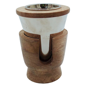 Unique Wooden <b>Round</b> Incense Burner Featuring An Interlocking <b>Brushed</b> Metal Liner And An Elegant Removable Top Metal Dish Insert - Product Image 2