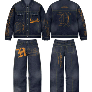 Dark Denim Jacket <b>Jeans</b> Set | Oversized Embroidered Denim Trucker Jacket & Pants | Streetwear Matching Set OEM Private Label - Product Image 1