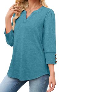 Blusa Elegante de Oficina para Mujer, Casual, Color Azul Verde Azulado Sólido, Manga Tres Cuartos, Poliéster Suave, Corte Drapeado, Camisas de Chifón - Product Image 3
