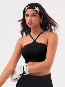 Ladies Keyhole Front Activewear Bra Strappy Halter Neck Gym <b>Crop</b> <b>Top</b> Elastic Ribbed Underband Athleisure Exercise Bralette - Product Image 4