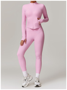 <b>Women</b> Solid Yoga Set Full Length <b>Leggings</b> Crew Neck <b>Crop</b> Top Zipper Front Spandex Polyester Sweat-Wicking Seamless Fitness Wear - Product Image 4