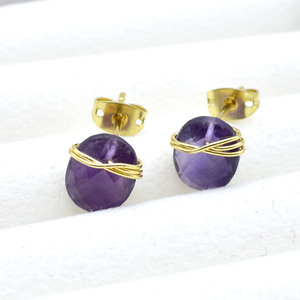 Handmade Amethyst <b>Studs</b> 8–10mm | Oval Wire Wrapped Purple Crystal Earrings | Spiritual Healing Gift - Product Image 5