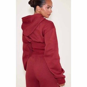 <b>Women's</b> Red Hooded Cropped Sweatshirt <b>Set</b> Full Sleeve Loose Fit Casual 2-Piece Outfit Solid Color Fleece Material - Product Image 2