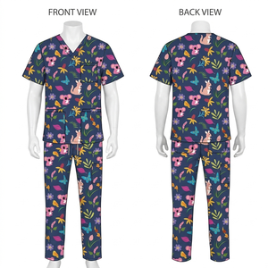 Ensemble de blouses médicales en coton et polyester 180 GSM à imprimé floral blanc, bleu, violet avec logo personnalisé par sublimation - Product Image 2