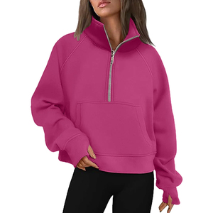 Sweat-shirt à capuche court oversize pour femme, à demi-zip, à manches longues, doublé, pour l'hiver et l'automne - Product Image 4