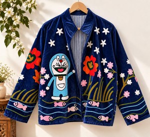 Nostalgic Character Art And Traditional Inspired Suzani Embroidery <b>Velvet</b> Jacket Artistic Playful Fusion Outwear Statement <b>Coat</b> - Product Image 1