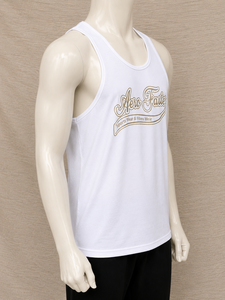 Débardeur sans manches Aero Faster pour homme, blanc, col rond, en jersey de coton respirant, imprimé par transfert thermique, lettres dorées sur le devant, 120g - Product Image 3