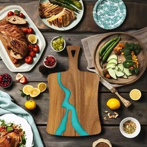 Wooden Chopping Board With Teal Resin Inlay Rectangle <b>Shape</b> Handle Design Natural Eco Friendly Cutting <b>Block</b> - Product Image 5