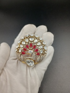 AMAIRA JEWELS Flower Shape Silver <b>Gold</b> Plated Moissanite Polki Red Doublet Stone Brooch Pins Unisex Party Wedding Engagement - Product Image 1