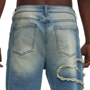 Shorts en jean bleu clair respirant pour homme, coupe ample, longueur genou, en coton, décontracté, style streetwear, détails déchirés, ourlet brut, été - Product Image 4