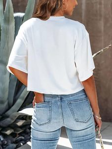 Camiseta Corta Blanca para Mujer, Manga Corta, Cuello Redondo, Corte Holgado, Color Sólido, Popelina, para Primavera/Verano, Uso Diario - Product Image 2