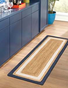 Tapis de couloir fait main en jute naturel bleu marine et blanc pour la cuisine, le couloir, l'entrée, la décoration de la maison - Product Image 1
