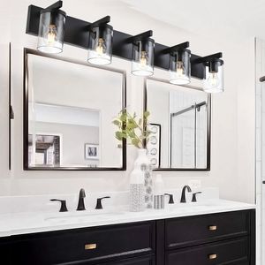 Lampada da Bagno Vintage Stile Fattoria a 5/6 Luci con Finitura Nera Opaca e Paralume in Vetro Trasparente - Product Image 5