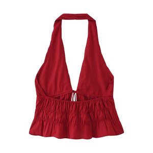 <b>Red</b> Breathable Woven <b>Lace</b> up Back Hollow Out Casual Summer Halter Tank <b>Tops</b> for Women - Product Image 6