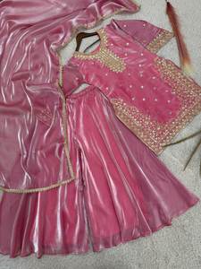 SIE Present Bollywood <b>Inspired</b> Hand Crafted Pure Silk Fabric Semi Stitch Material Salwar Kameez With Dupatta Set For Eid Month - Product Image 4