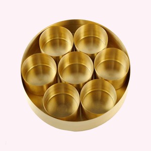 7-Piece Gold Brass Masala Dabba Set with Round Organizer Tray for Indian Spices - Product Image 1