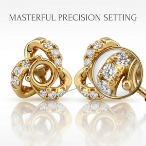 Boucles d'oreilles clous fleur en or jaune massif 18 carats personnalisées avec diamants naturels, semi-monture pavée, certifiées IGI, cadeau de fête, vente en gros, OEM, ODM, MOQ - Product Image 2