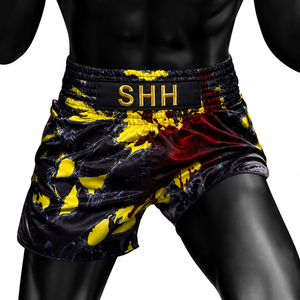 Pantalones Cortos de Muay Thai Personalizados para Hombre, de Satén, Rojos, Amarillos y Negros, Estampados, de Secado Rápido, Corte Regular, para Artes Marciales - Product Image 3